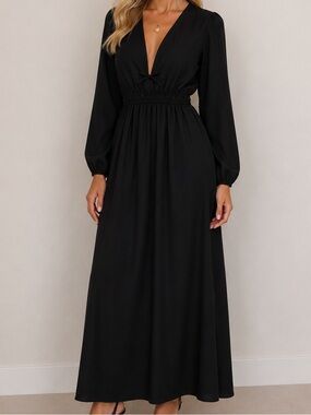Petal & Pup Cece Black Linen Blend Long Sleeve Maxi Dress Large
